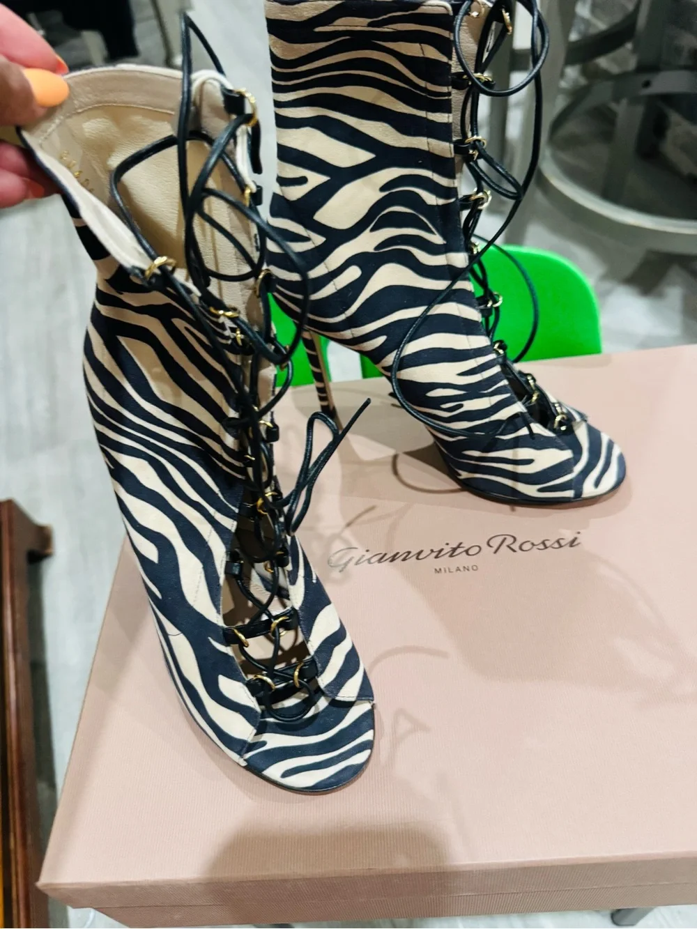 Zebra-Print Lace-Up High Heel Booties - Black & Cream
